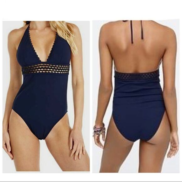 NEW J. Crew Piqué scallop halter one-piece‎ swimsuit rickrack inset Sz 8